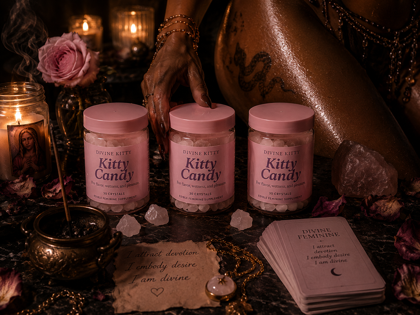 Divine Kitty Kitty Candy jars on a candlelit altar with rose and crystals