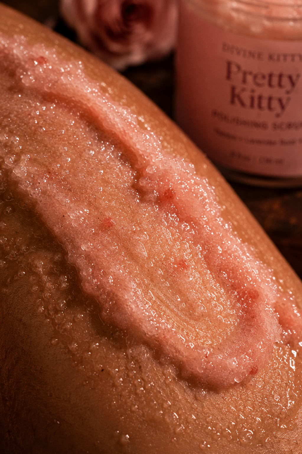 Macro texture shot of Divine Kitty Pretty Kitty Scrub for intimate skin